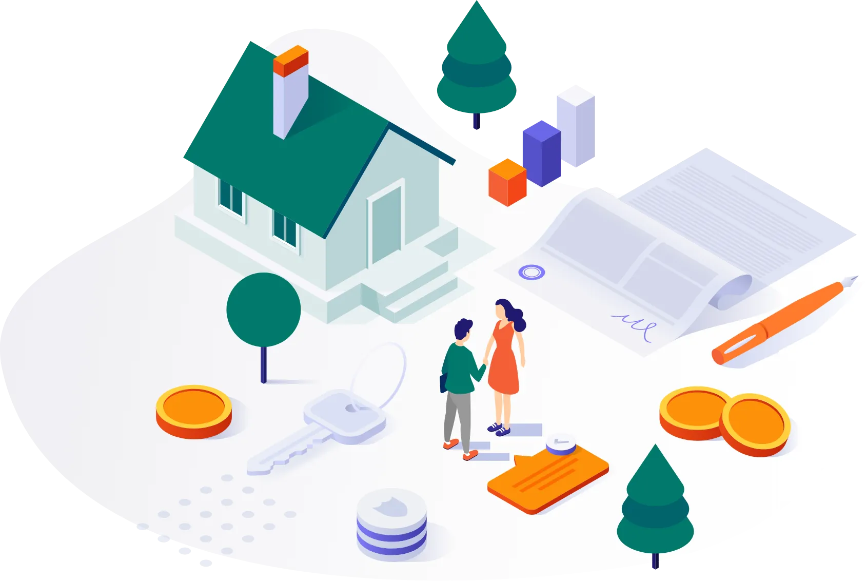 画像：男性と女性が握手をしている、鍵、コイン、ノートに家