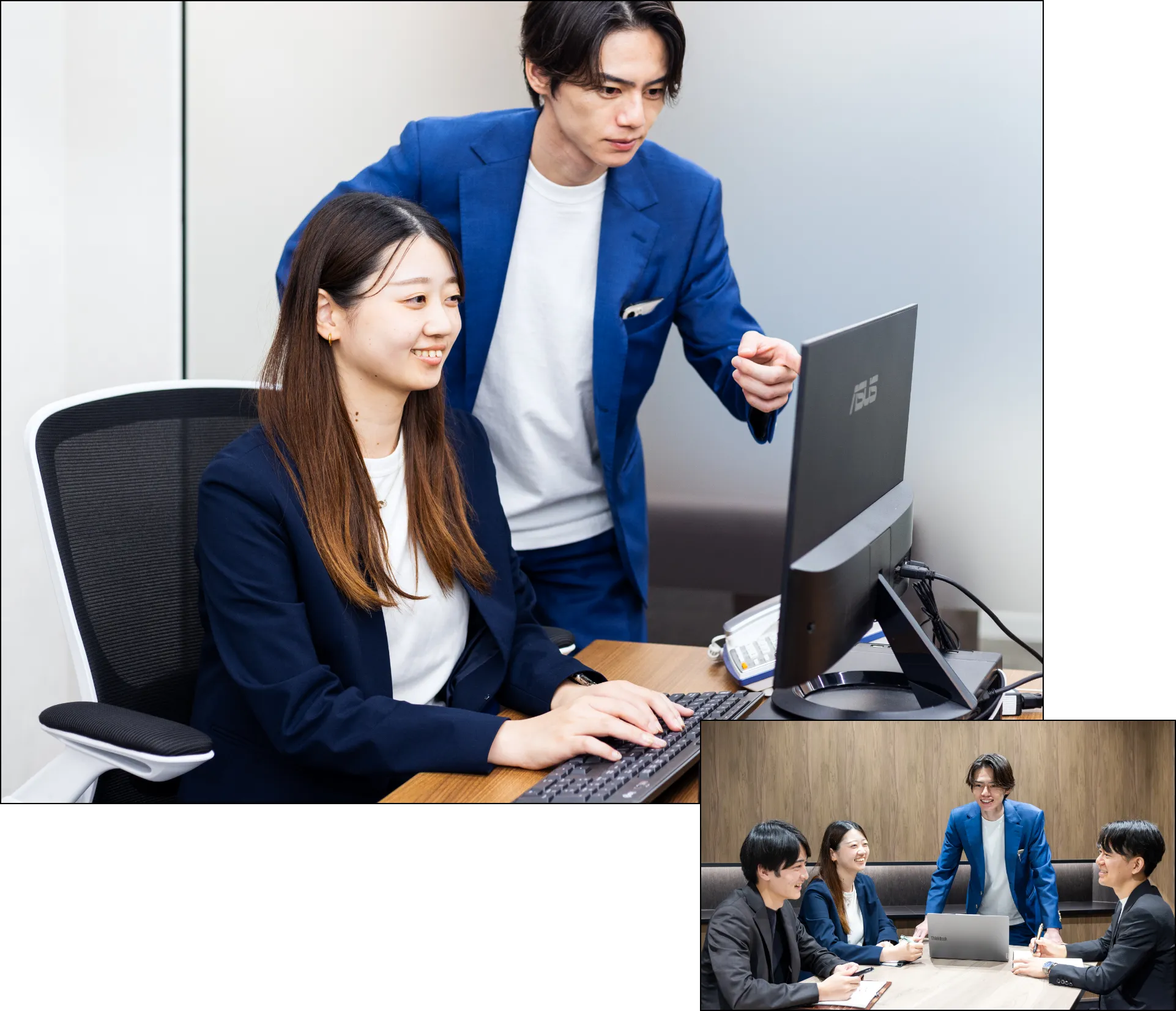 オフィスでパソコンの画面を見ながら打ち合わせをする男女の社員