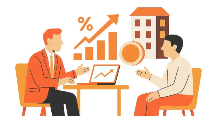 グラフを見せながらお客様へ最適な運用プランを提案するコンサルタントのイラスト