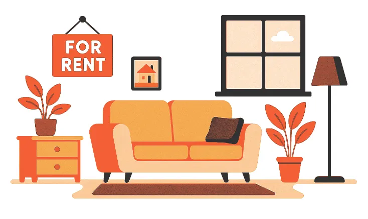 賃貸マンションの室内とFOR RENTの看板。空室リスクを抑えた管理と徹底サポートをイメージしたイラスト